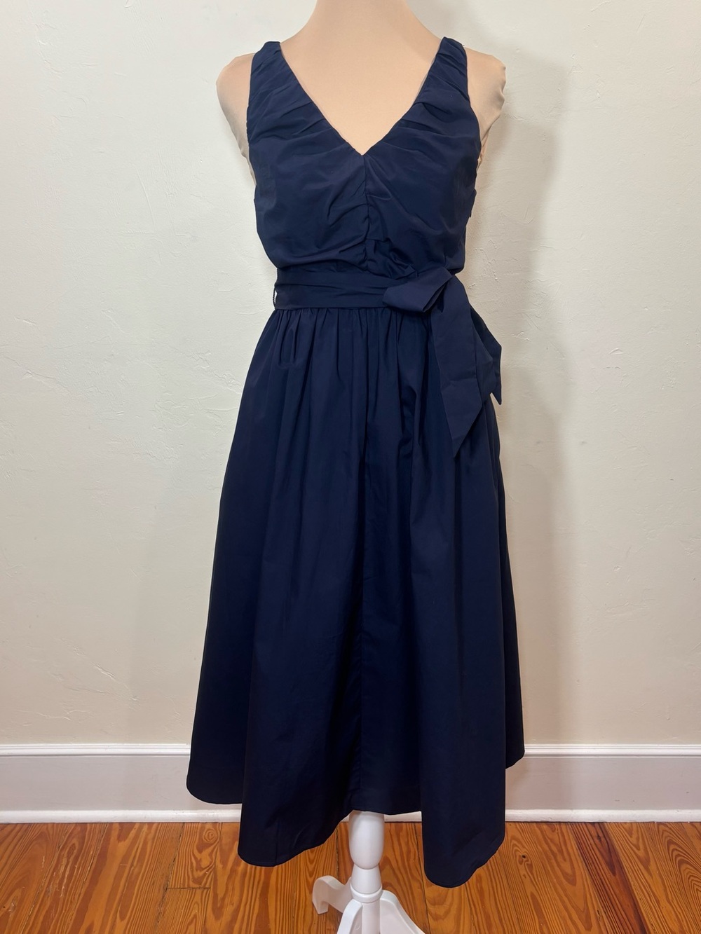 NWT Banana Republic Factory Poplin Shirred Midi Dress, Preppy Navy, 0 Petite